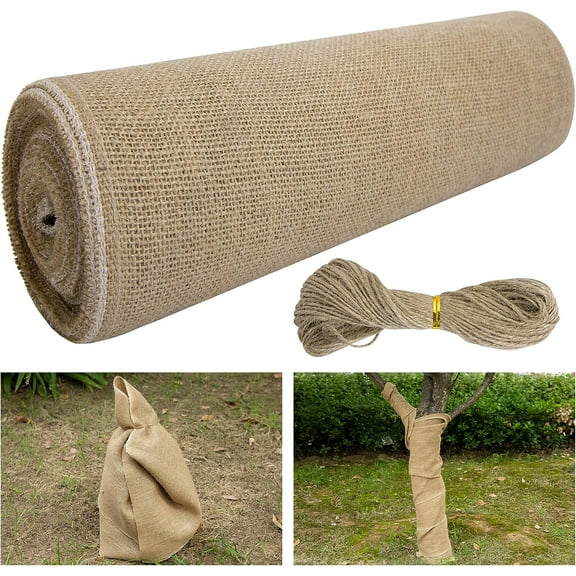 15.7in x 19.7ft Natural Burlap Tree Wrap Rolls- Burlap Fabric Tree Trunk Protector- Burlap Plants Wrap Bandage with Ropes- Frost & Freeze Protection Cloth for Outdoor Trees, Shrubs, Plants in Winter