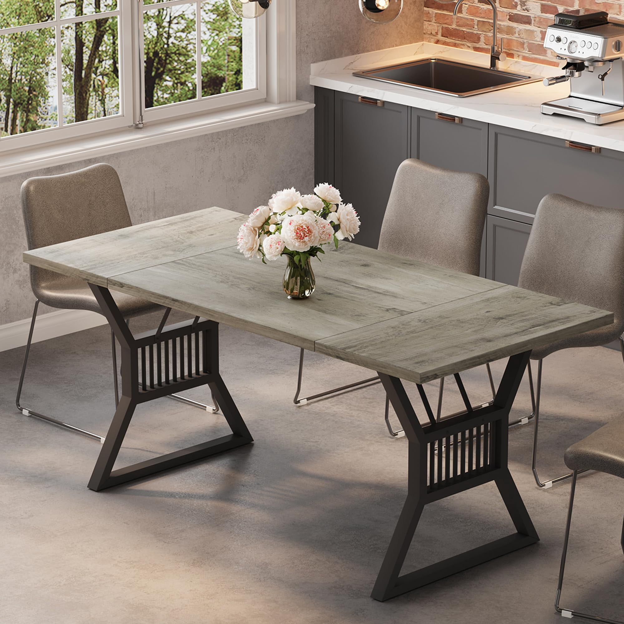 Dining Table 4-6 Person 70.8 Inch, Farmhouse Kitchen Table with Heavy Duty Metal Legs, Wooden Long Dining Room for Kitchen, Living Room