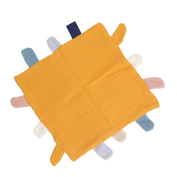 Mantas de seguridad con etiqueta para bebé, manta de seguridad de algodón transpirable suave y agradable para la piel, alivio de la ansiedad, color amarillo