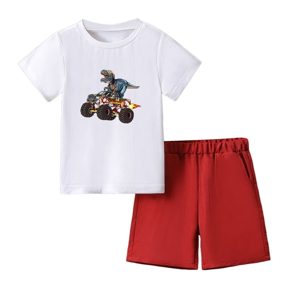 Staki Boys 2 Piece Summer Outfits Toddler Boy Clothes Kids Summer Cotton Outfits Shirt Short Sets 2-8Y(White & Red,3-4 Years)