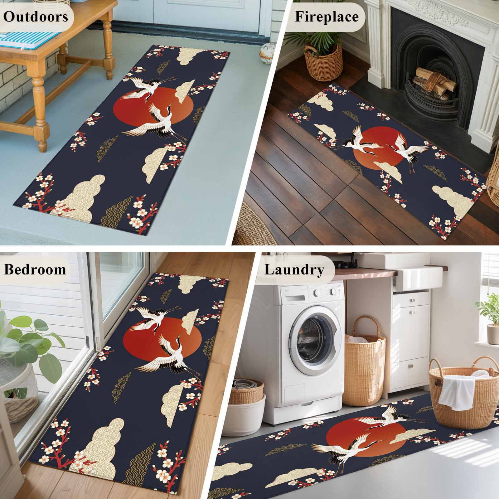 Japanese Style Area Rugs Collection 2'x6', Modern Cranes Cherry Flower Wave Red Blue Non Slip Indoor Rectangle Throw Runner Rug Floor Mat Carpet for Living Room Dining Table Bedroom Nursery