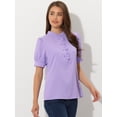 thumbnail image 2 of Top de blusa de trabajo con cuello redondo y mangas cortas con tapeta de medio botón con volantes para mujer Morado Claro XL, 2 of 5