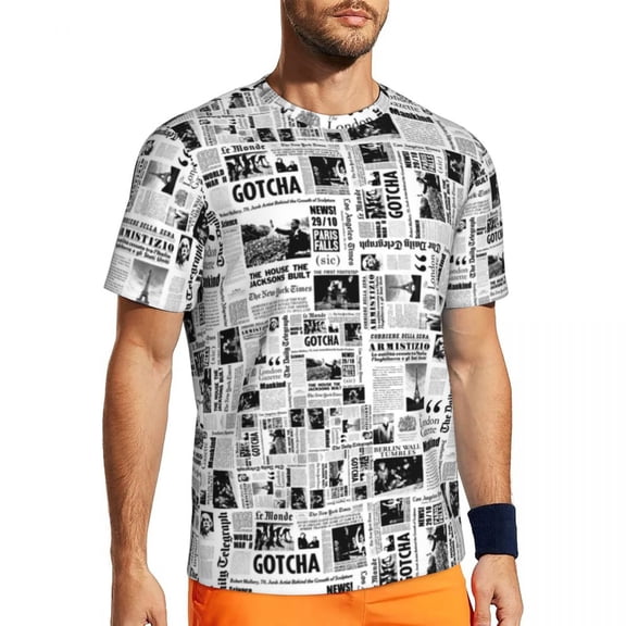 Vintage Newspaper T-Shirt Men Black White Streetwear Gym T Shirts Breathable Summer Hippie