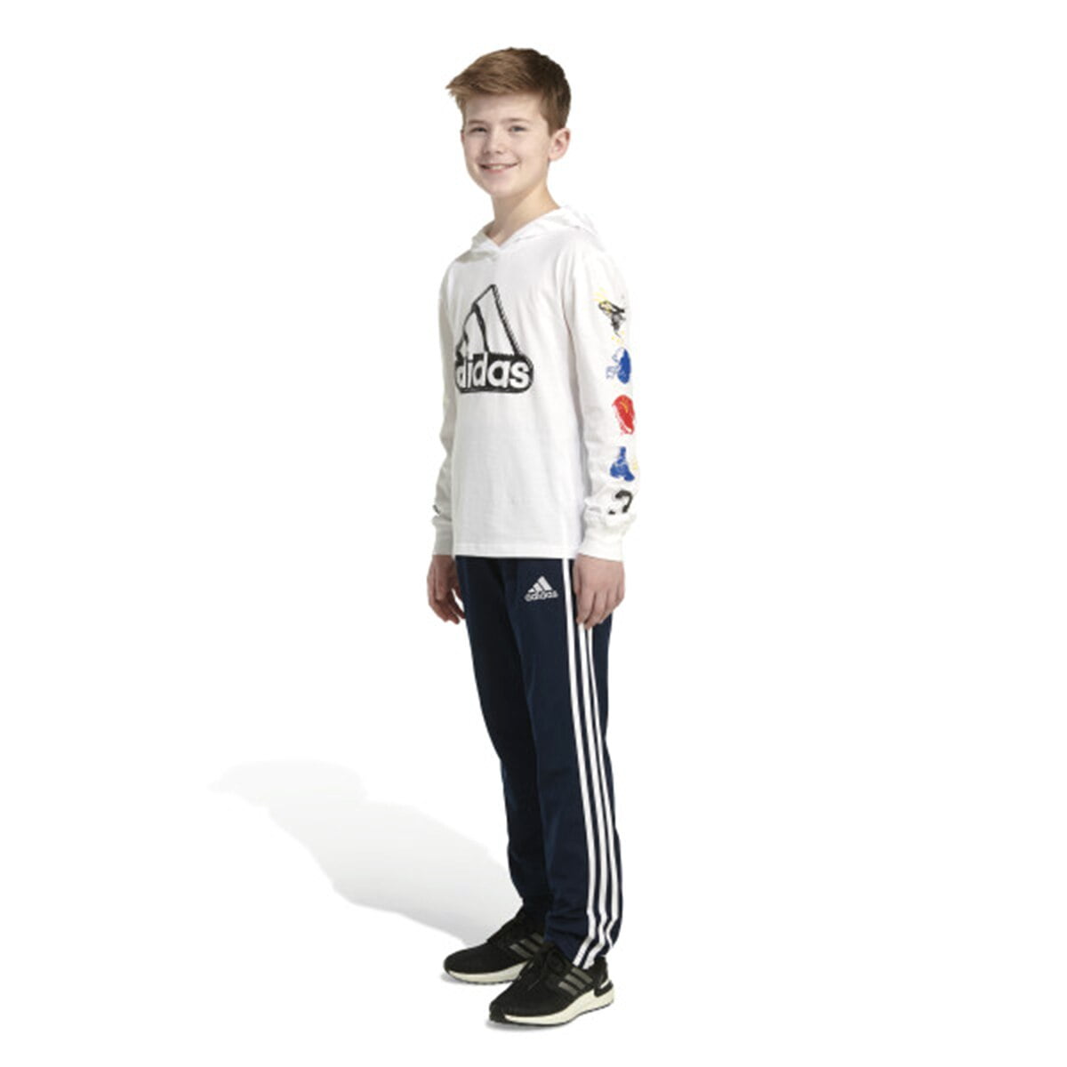 Adidas Boys' Long Sleeve Cotton Jersey Hooded T-Shirt Tee, Sport Stamp on White, Large