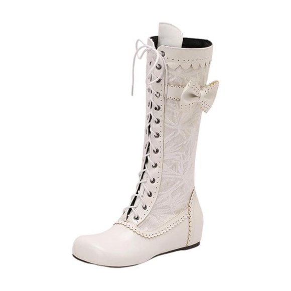 Xfvqtps Womens Lace up Knee High Boots Flat Round Toe Bow Decor Side Zipper Faux Leather Casual Winter Boots White