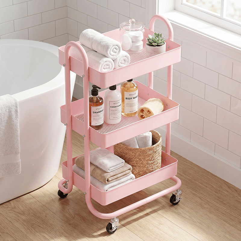 Fenbeli 3-Tier Metal Rolling Utility Cart with Wheels, pink, 18"L x 13.4"W x 31"H