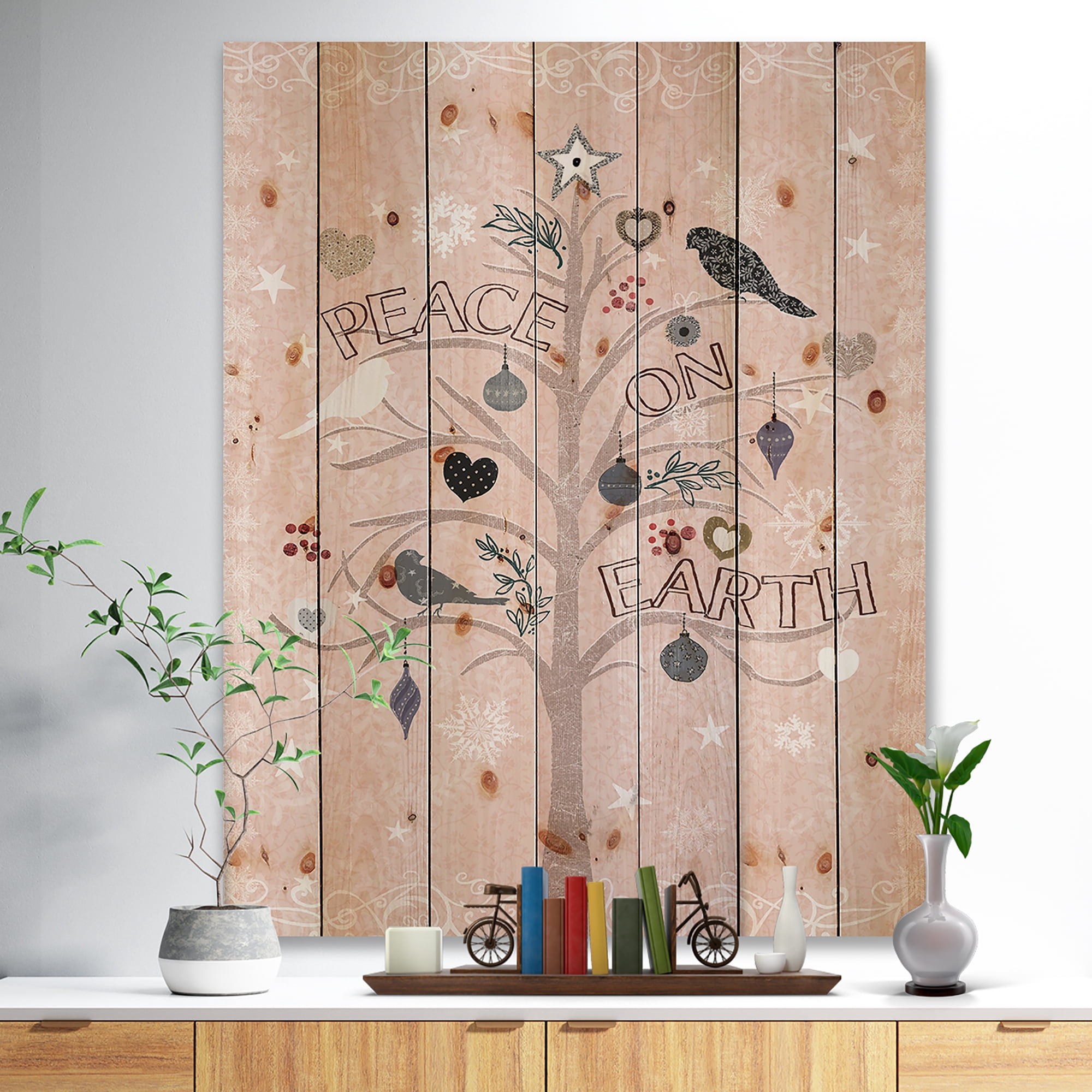 Designart 'The Embellished Christmas Tree, Peace on Earth' Print on Natural Pine Wood