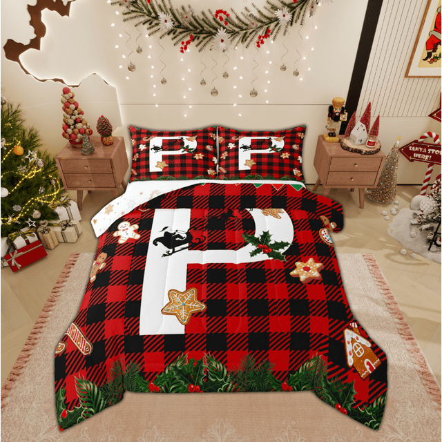 Manfei Ensemble de Literie de Noël pour Adolescents, Ensemble de Couette Monogrammé P Simple, Ensemble de Literie Réversible avec Lettre Initiale, Décoration Maison Respirante, 2 Pcs