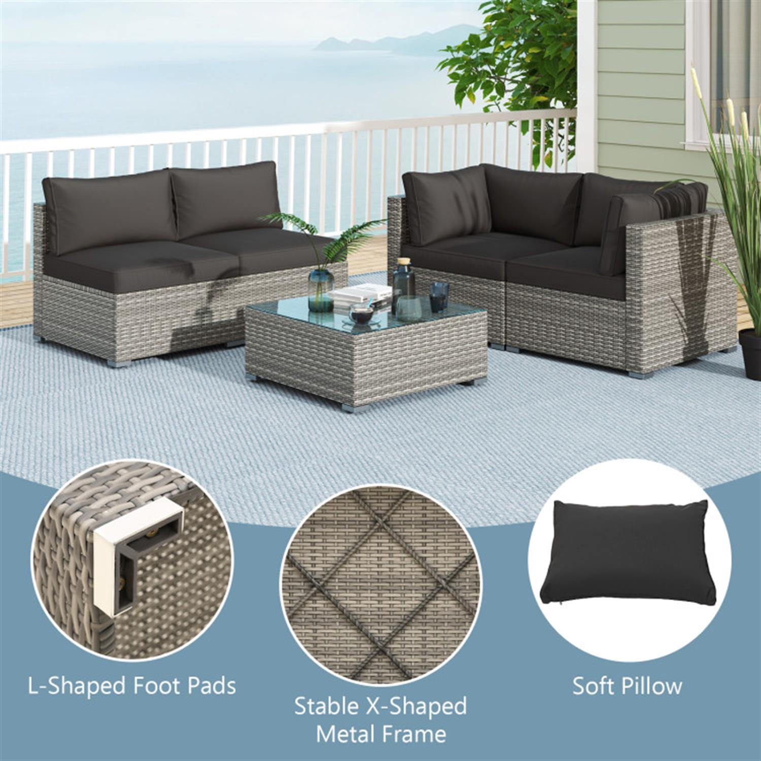 Demi Bonn 5-Piece Outdoor Patio Furniture Sets Sectional Sofa Couch and Glass Coffee Table with Cushions for Yard, Pool or Backyard, Black