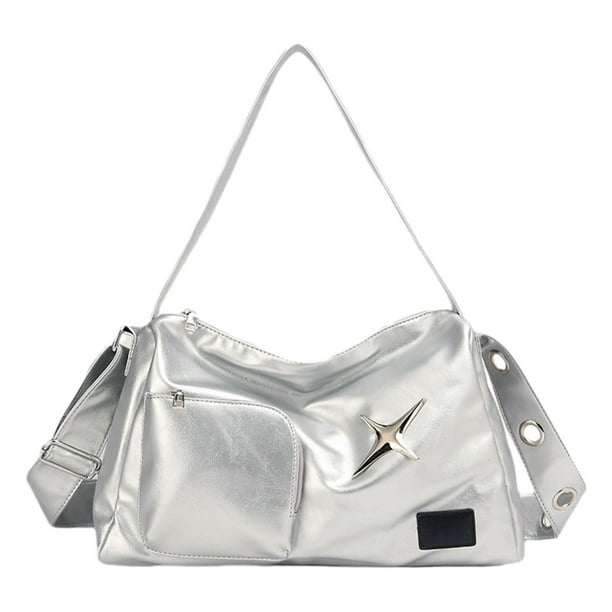 Bolso de hombro para mujer, de piel sintética, moderno, portátil, con cierre de cremallera Plata