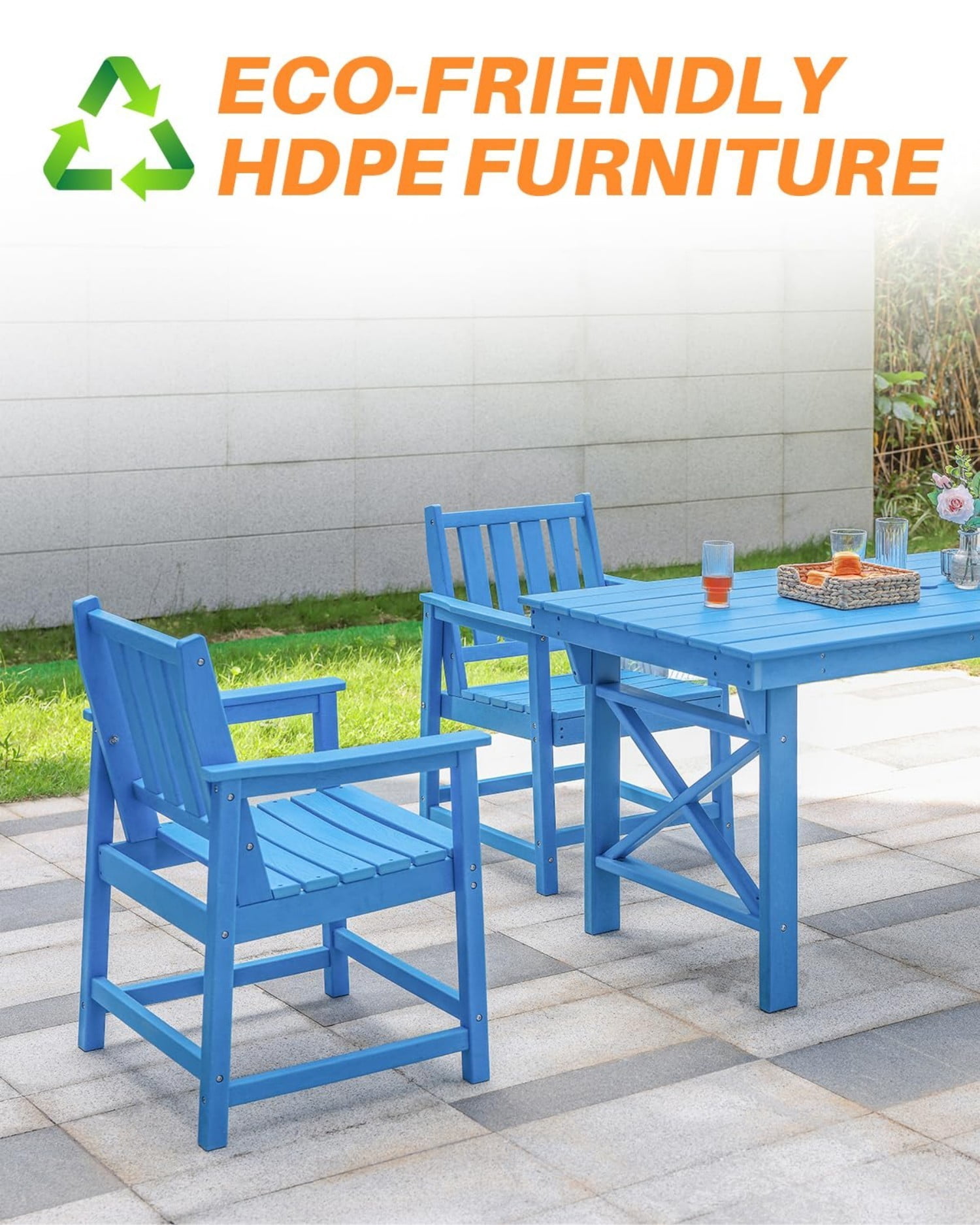 Patio Dining Chair Set of 2, HDPE Outdoor Dining Chairs with Ergonomic Backrest, All Weather Patio Chairs for Backyard, Deck, Garden, Poolside, Sky Blue