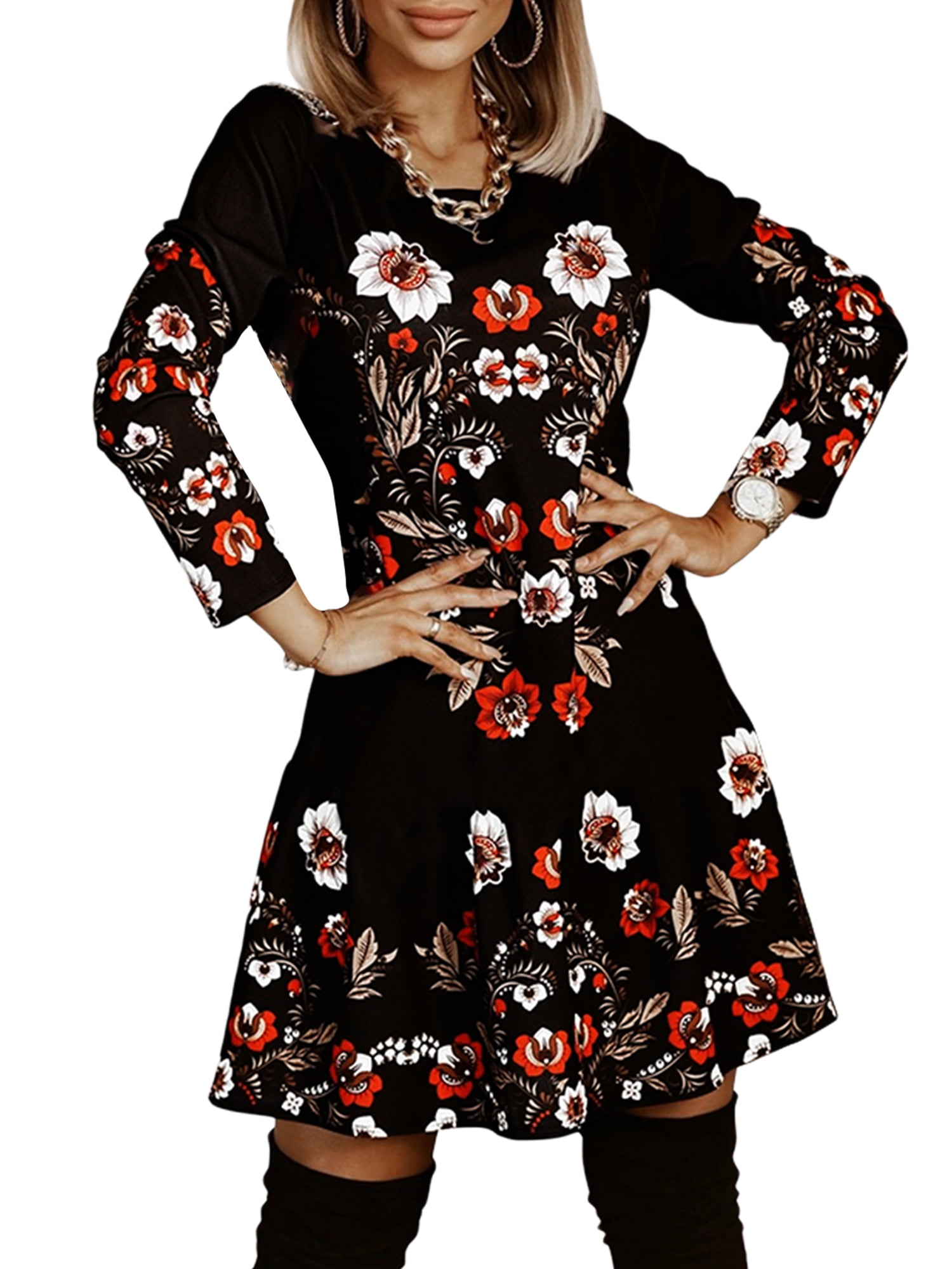 Women Long Sleeve Pleated Swing Dress Ladies OL Work Midi Skater A-line Dresses Women Long Sleeve Pleated Swing Dress Ladies OL Work Midi Skater A-line Dresses