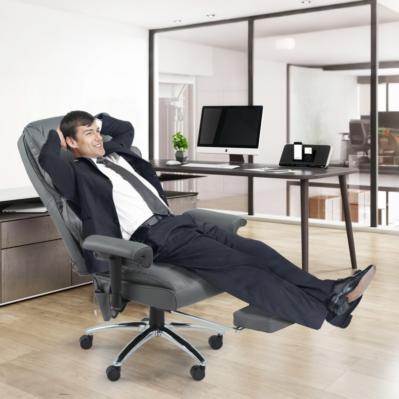 Executive Office Chair With Footrest-6 Point Massage & heated , High Back PU Leather & ergonomic Lumbar Support