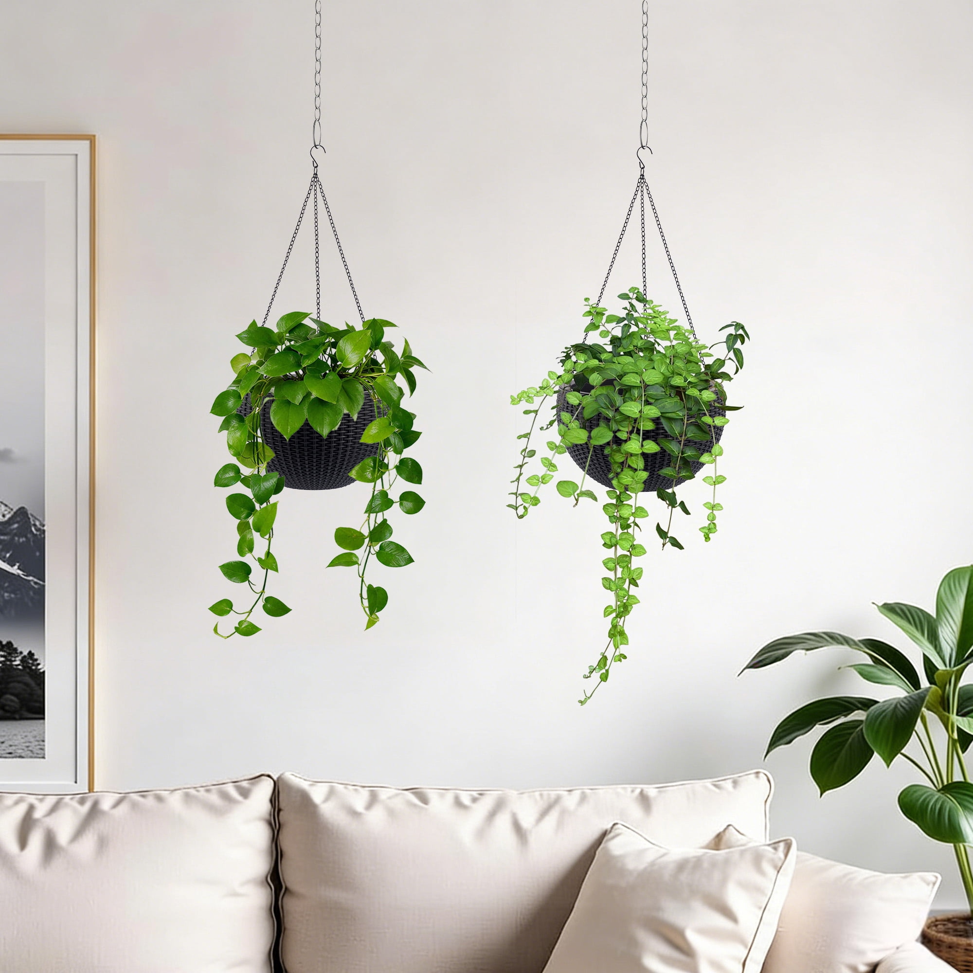 Vigo huseeo 2 Pack Large Self-watering Hanging Planters for Indoor & Outdoor Plants , Resin Rattan Pot for Home, Office and Garden, Black
