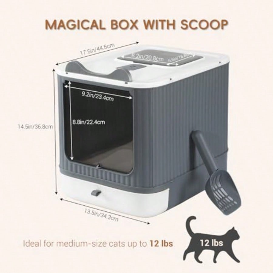 Foldable Cat Litter Box Fully Enclosed Litter Box with Lid Covered Kitty Kitten Litter Boxes Enclosure with Scoop Odor Control Easy to Clean 3 Modes for Cat up to 12 lbs WhiteGrey