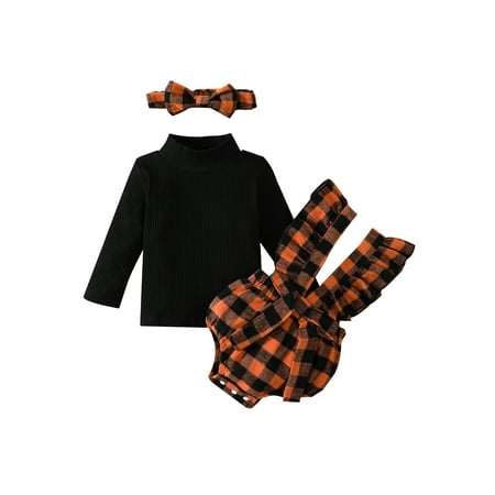 

Bagilaanoe Halloween Outfits for Newborn Baby Girls 0-18 Months Long Sleeve Ribbed Tops + Plaid Lace Splicing Suspender Romper + Headwear