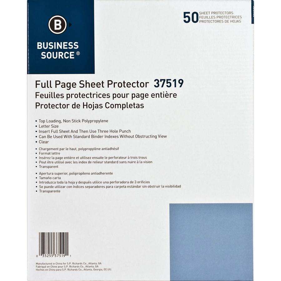 Business Source, BSN37519, Full Sheet Top Load Poly Sheet Protectors, 50 / Box, Clear
