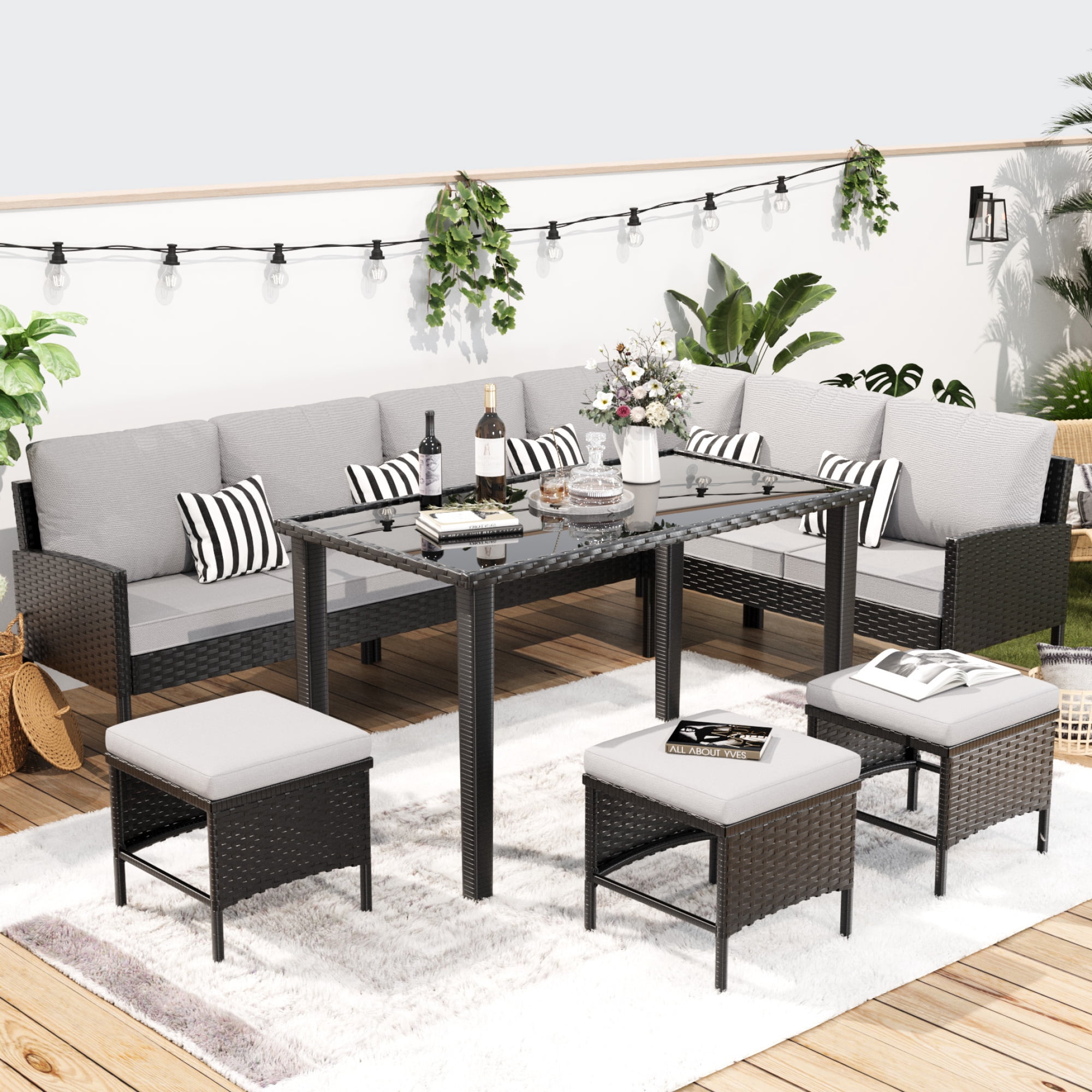 Leumius Patio Furniture Set,7-Piece Outdoor Sectional Sofa with Tempered Glass Table,Rattan Outdoor Conversation Set for Backyard & Porch,Garden,Gray