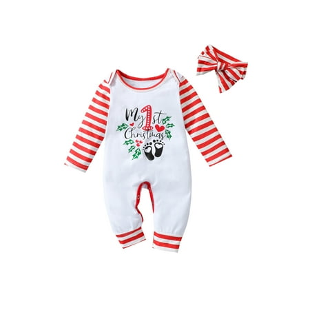 

Nokpsedcb Newborn Baby Boys Girls my 1st Christmas Clothes Letters Printed Romper Headband Red White 12-18 Months