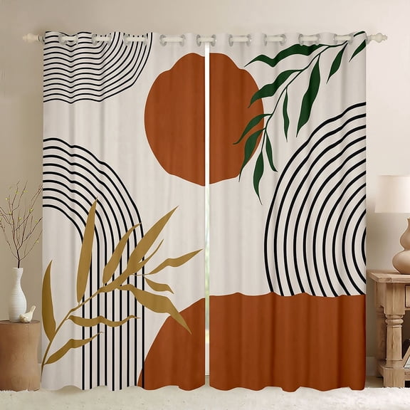 Manfei Boho Mid Century Kitchen Curtains, Minimalism Art Black Out Curtains Pack of 2 (42x63 Each), Brown, Green and Black