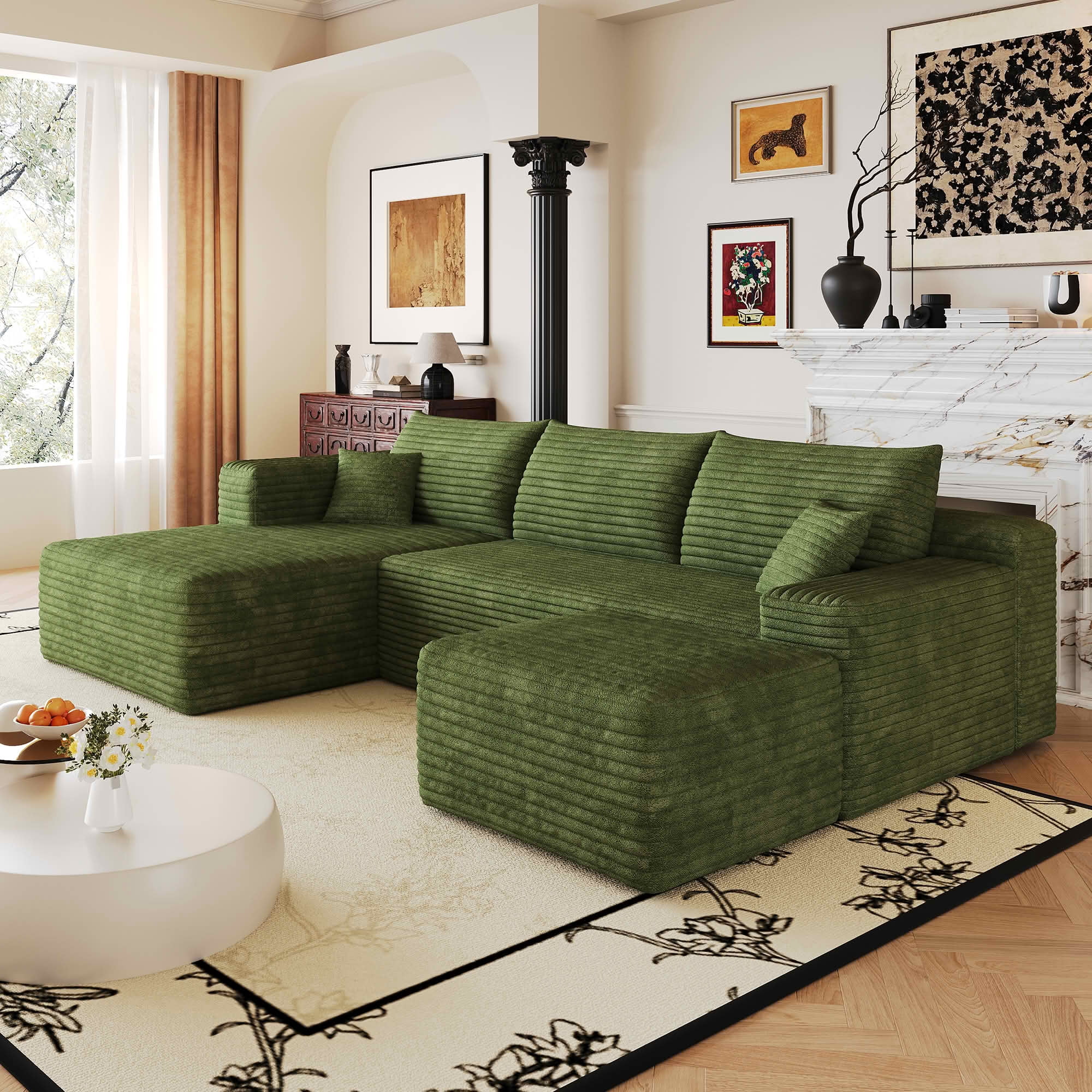 MAYEERTY 103 Inch L‑Shaped Cloud Sectional Sofa with 1 Ottoman, Modern Minimalist Deep‑Seat Corner Couch, Plush Corduroy Upholstered Reversible Sofa, No‑Assembly Required for Living Room Apartment