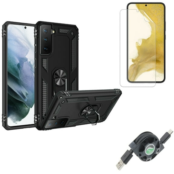 USB Cable & Matte Screen Protector & Hybrid Case Cover for Samsung Galaxy S22 (6.1") - Retractable Type-C & TPU Film Anti-Glare & Metal Ring Kickstand Accessory Bundle
