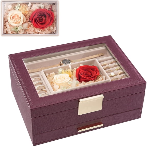 Lolalet Jewelry Organizer with Glass Lid, 2-Layer Jewelry Box Case with Drawer, Gift for Women Mom Wife Earrings Watch Ring Display Storage -Wine Red