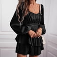 thumbnail image 2 of Womens Rompers for Summer Layered Ruffle Hem Short Mini Dress Baggy Bubble Long Sleeve Tie Back Flowy Jumpsuit, 2 of 5