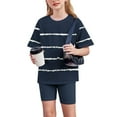thumbnail image 4 of Ahuyic Kids Summer Casual Outfits,Boys Girls Short Sleeve Two-Piece Set,Toddler Kids Girls' New Style Fashion Cute Stripe Print Loose Soft Short Sleeve Yoga Shorts Suit, 4 of 4