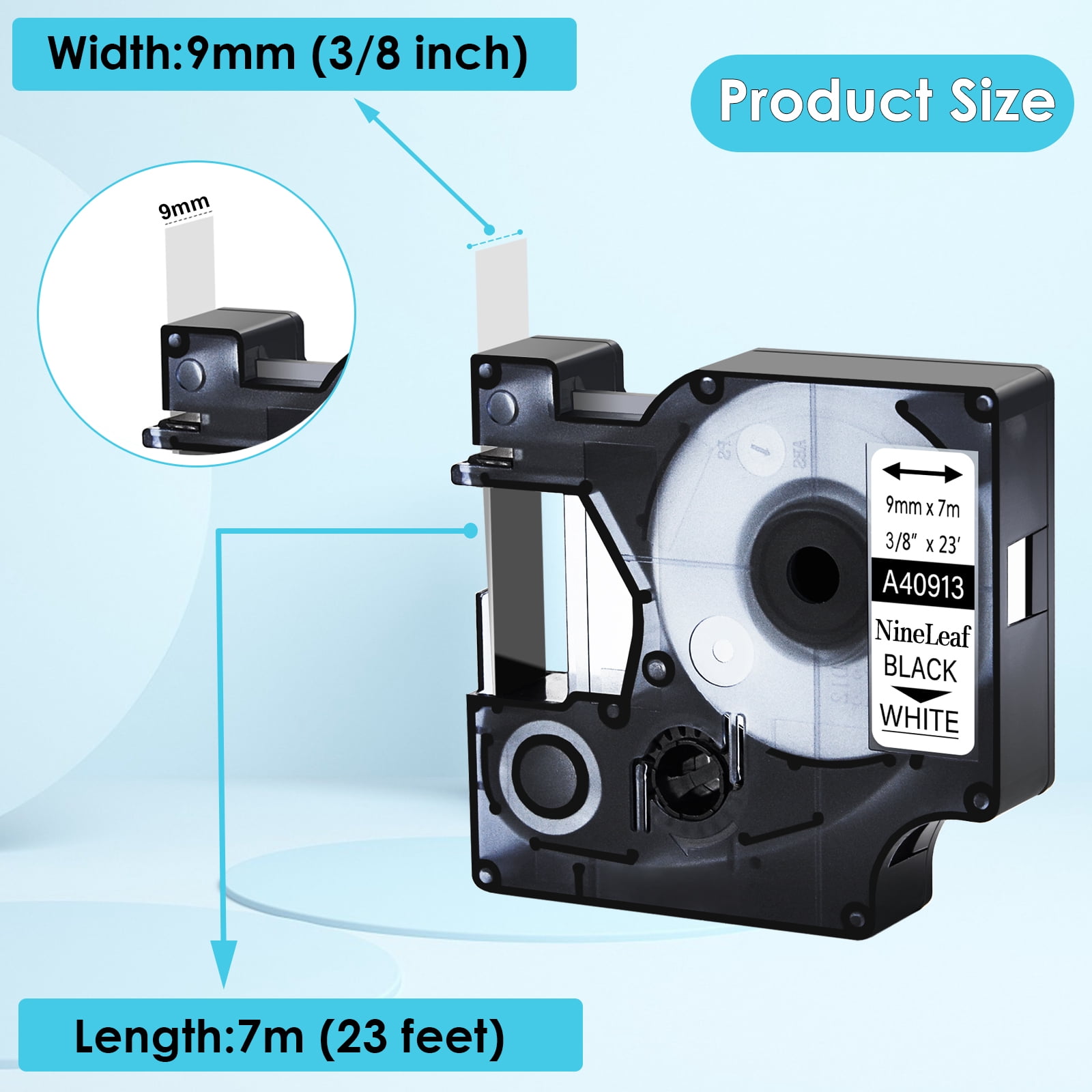 NineLeaf 6PK Compatible for DYMO D1 40913 3/8" x 23' (9mm x 7m) Black on White Label Maker Tape for Label Manager 100 120P 160 210D