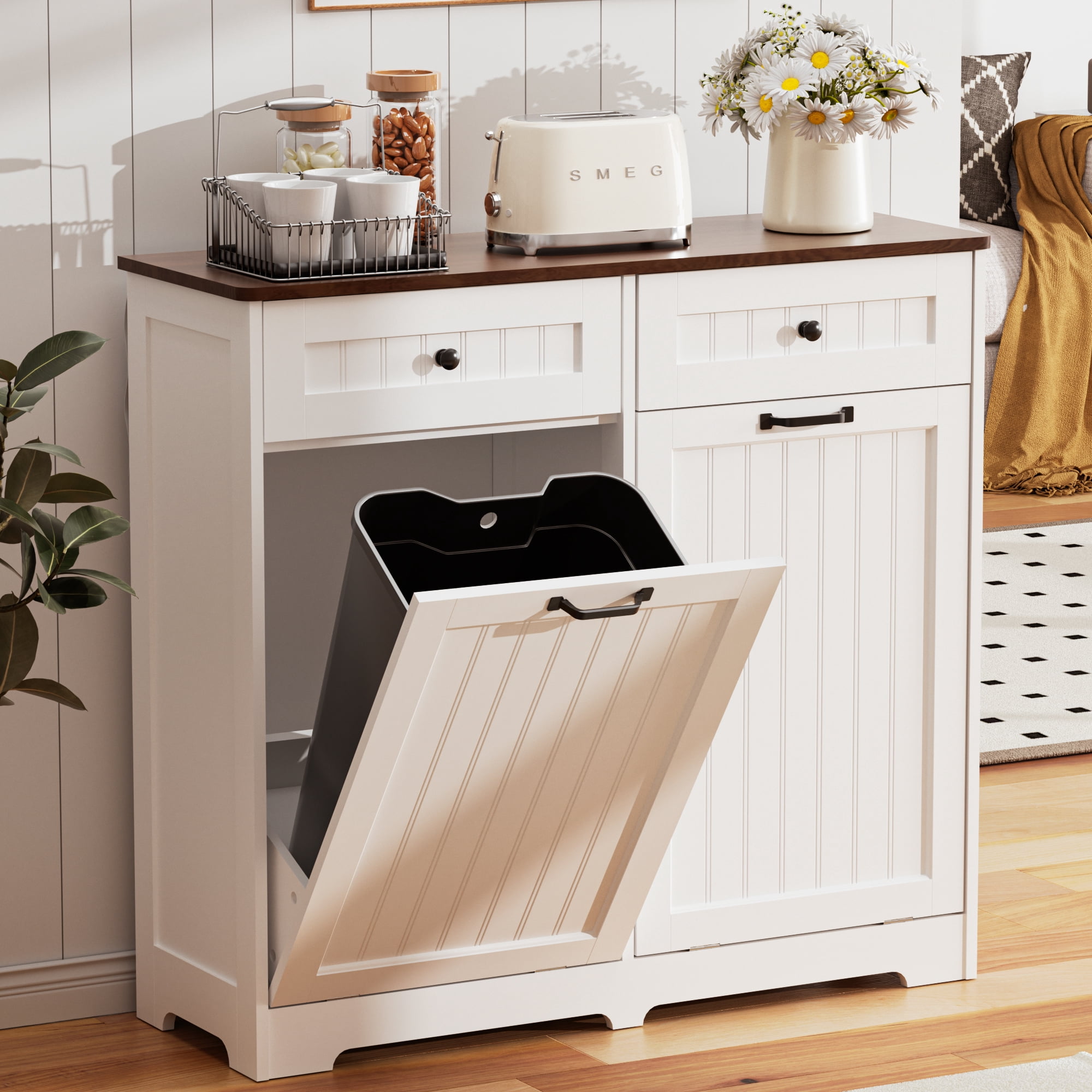 HARIPUL Double Tilt Out Trash Can Cabinet for 2 Bins, Hidden Garbage Can Cabinet with Drawers, Wooden Trash Bin Cabinet, 10 Gallon Trash Can Holder Cabinet for Kitchen, White