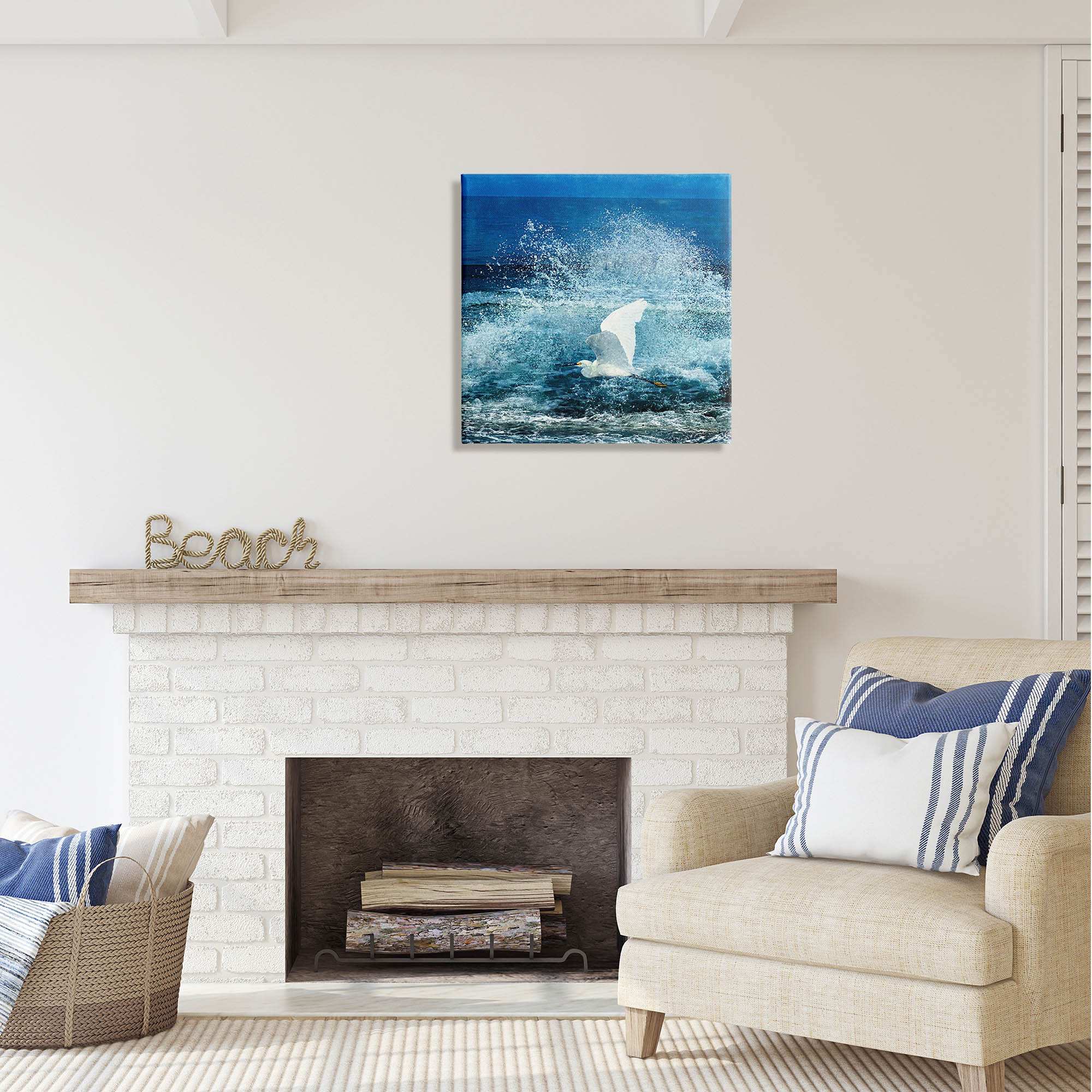 Stupell Industries Egret Flying Waves Splashing Coastal Painting Gallery Wrapped Canvas Print Wall Art