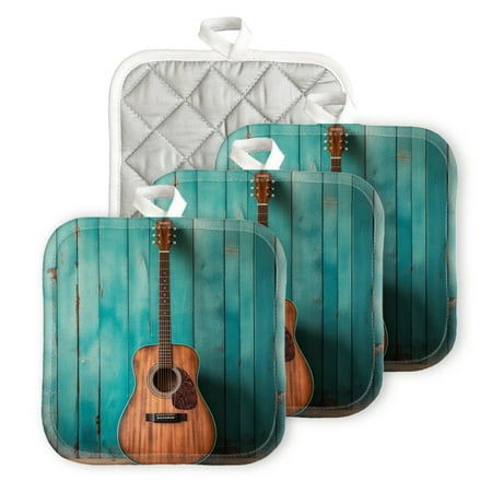 

BaHomeck Pot Holders 4pcs dacron Made Square heat-resisting mat Machine Washable for Kitchen Oven Hot Pads 6.7inch*6.7inch Acoustic Guitar Leaning Against Blue Wooden Wall