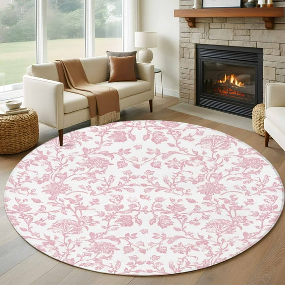 Pink Flower Round Area Rug 5 FT, Non Slip Bedroom Area Rug, Vintage Farmhouse Boho Leaf Spring Solid Washable Soft Circular Carpet Non-Shedding Floor Mat for Kitchen Dining Room Foyer Balcony Dorm