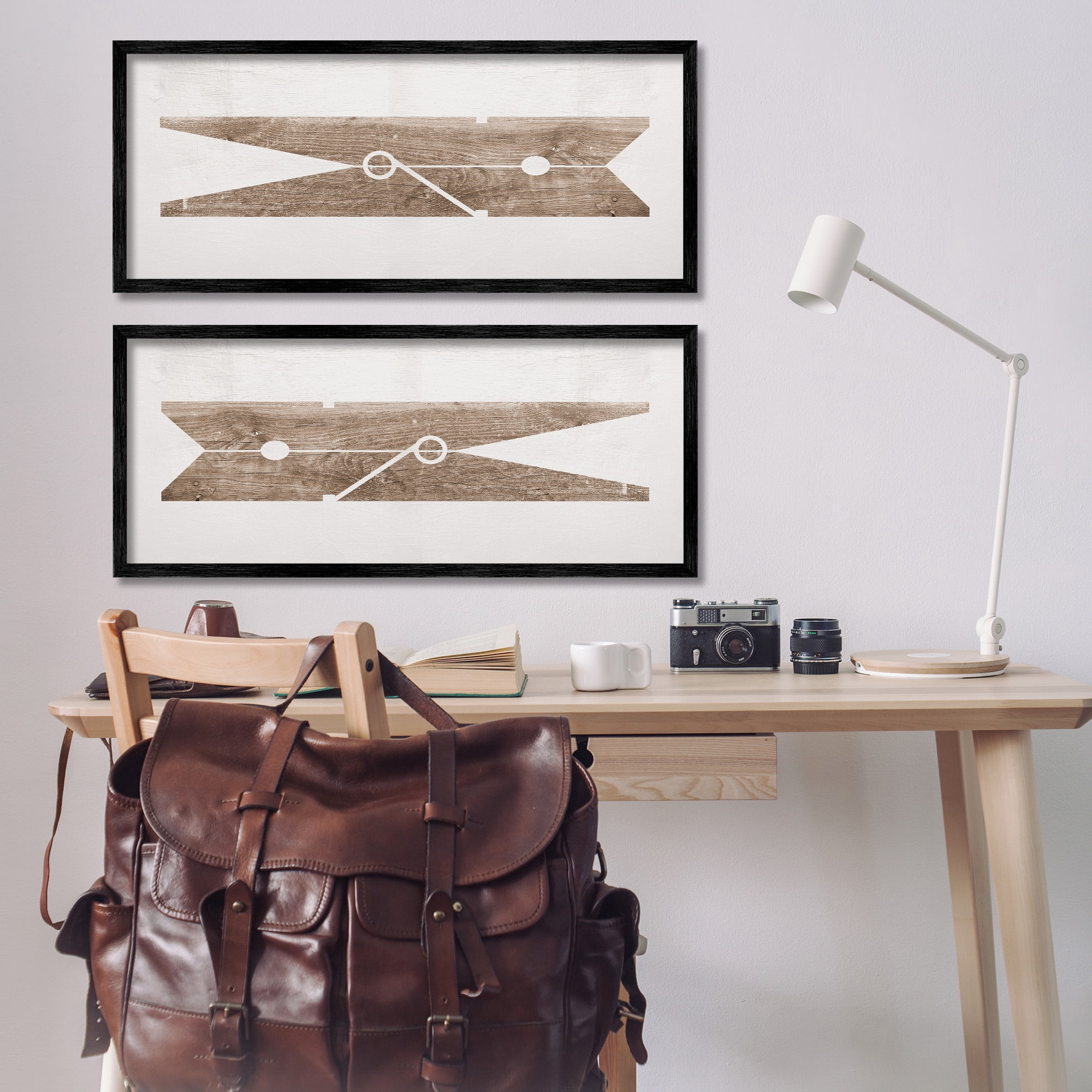 Stupell Industries Minimal Laundry Clothespins Abstract Painting Black Framed Art Print Wall Art, 30 x 13, Set of 2