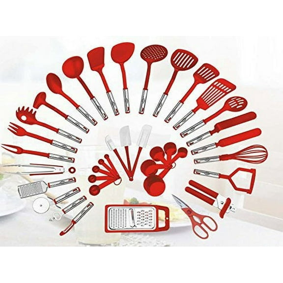 38-piece Kitchen Utensils Set Home Cooking Tools Gadgets Turners Tongs Spatulas Pizza Cutter Whisk Bottle Opener, Graters Peeler, Can Opener, Measuring Cups Spoons (Red)