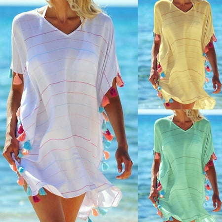 Women Beachwear Swimwear Tassel Bikini Cover Up Summer Kaftan Sarong Beach Dress One Size Yellow