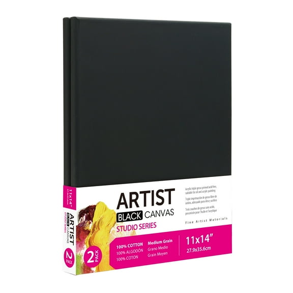 Studio Stretched Canvas, 100% Cotton Acid Free Black Canvas, 11"X14", 2 Pieces, Academic Canvas, Great Chioce for Beginners and Hobbyists of All Skill Levels.