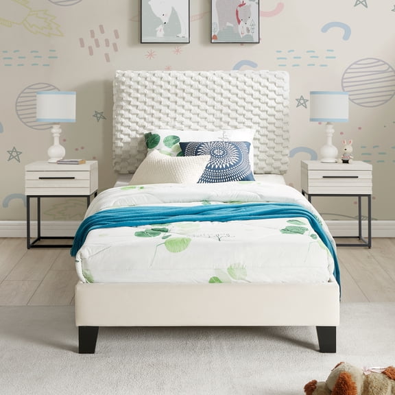 Miekor Furniture Findlay 3-Piece Bedroom Set, Plush 3D Upholstered Bed with Two Nightstands, Twin 0200
