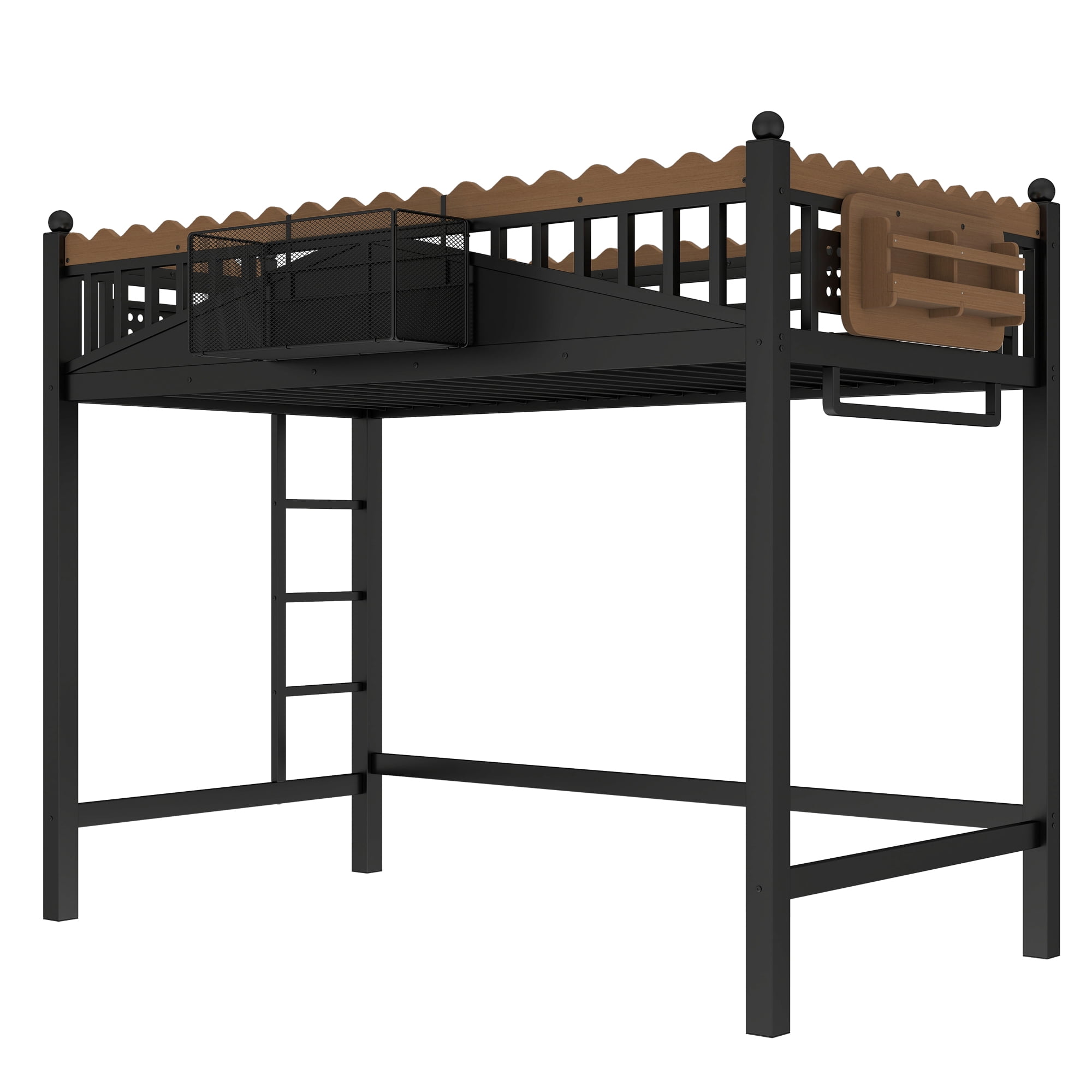 Leumius Twin XL Size Loft Bed,Metal Loft Bed with Storage Baskets and Bookshelf,High Loft Bed with Large Under-Bed Space,No Box Spring Needed,Black
