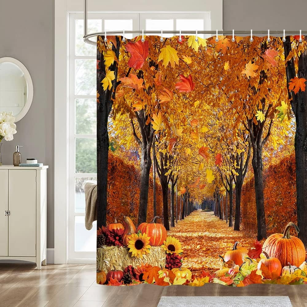 Fall Shower Curtain for Bathroom, Autumn Forest Landscape Pumpkin