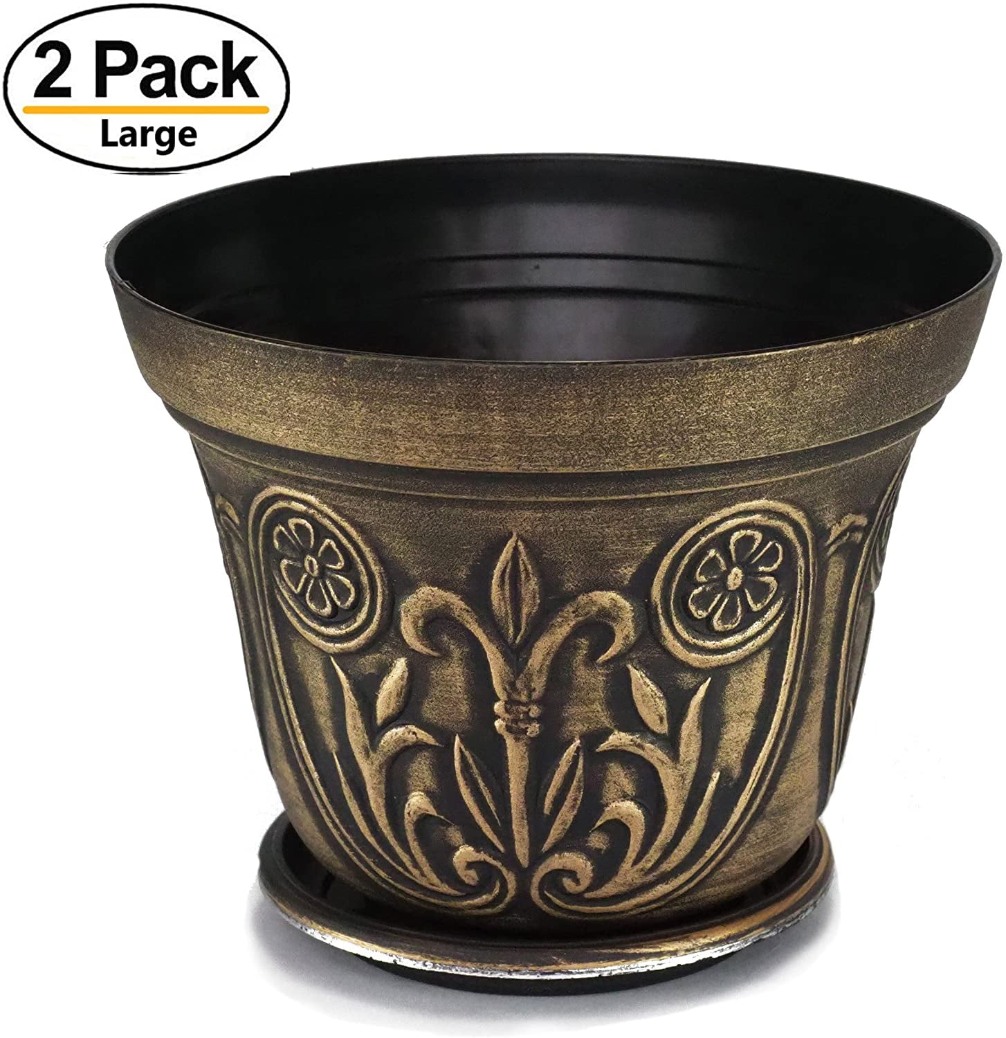 Large Medieval Plastic Flowerpots, Set of 2 Planter and 2 Saucers (4 Pieces) for Garden Patio Office Ornaments Home Decor Long Lasting Reusable Light Weight