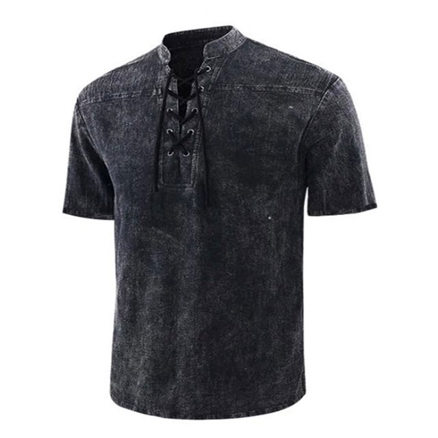 LUXUR Chemises pour Hommes Col Montant T-Shirt Manches Courtes Hauts Blouse Rétro Lacée Noir 5TG