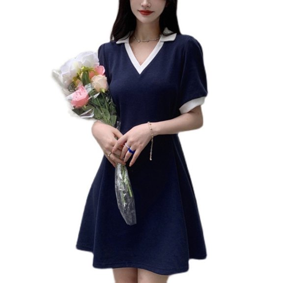 Slatcetga Women Dress V Neck Gathered Waist Short Sleeve Simple Elegant Dress for Commuting Dinner Navy Blue Short L
