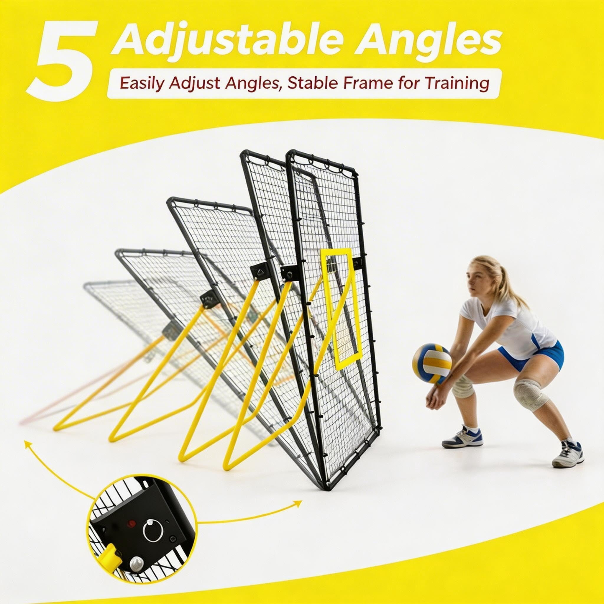 7x4 FT Volleyball Bounce Back Net, 5 Adjustable Angles, Foldable Heavy Duty Training Net with Ground Stakes, Yellow