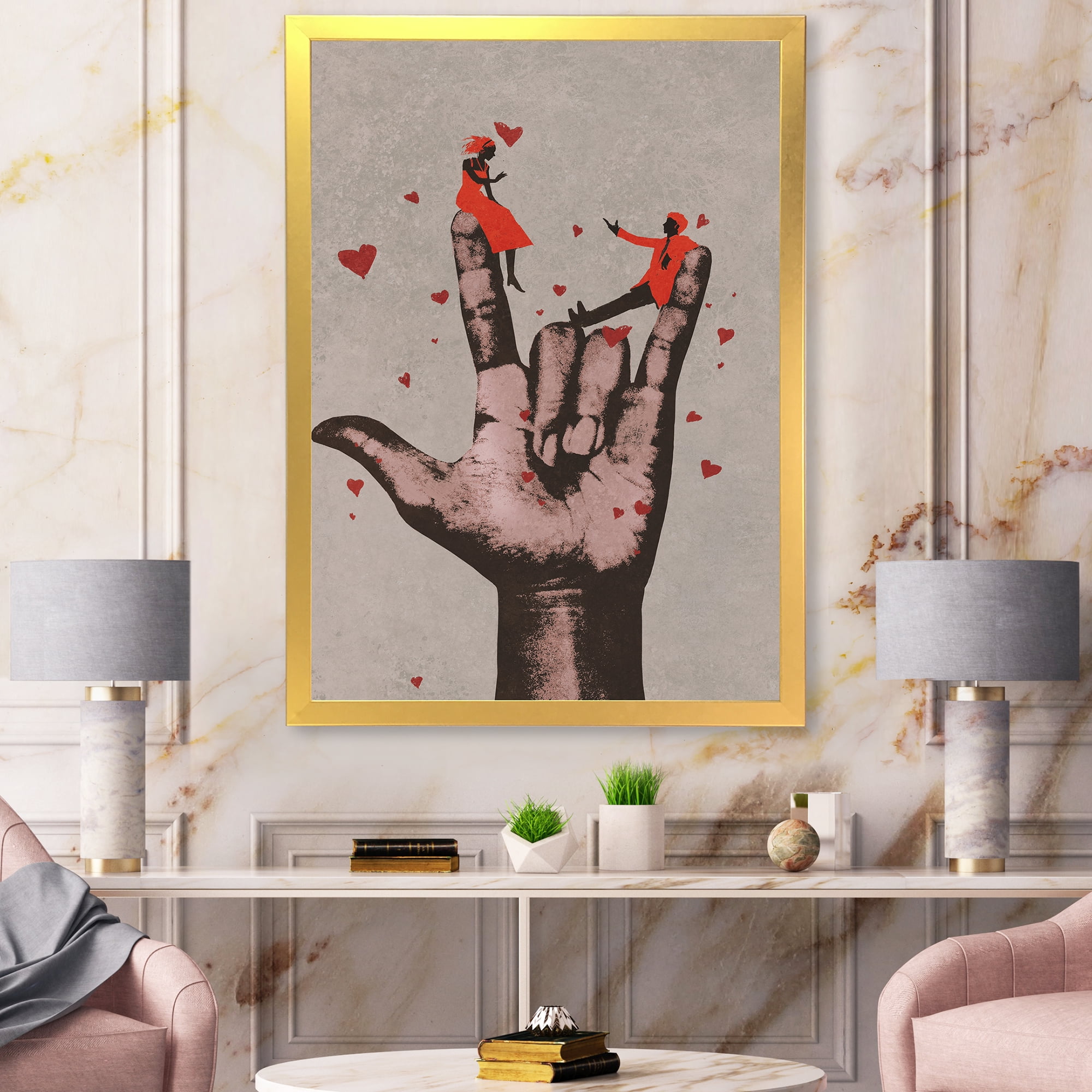 Designart 'I Love You Hand Sign With Romantic Couple' Modern Framed Art Print