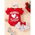 thumbnail image 4 of Aojekbee Baby Girl Baseball Outfit, Letter Print Round Neck Short Sleeve Romper Layered Hem Shorts Bow Headband Toddler Summer Set, 4 of 10