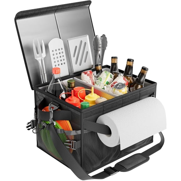 Black Grill Caddy, BBQ Organizer with Lid & Paper Towel Holder, Picnic Griddle Caddy for Outdoor Camping, Barbecue Accessories Organizer, 32L Capacity, Black