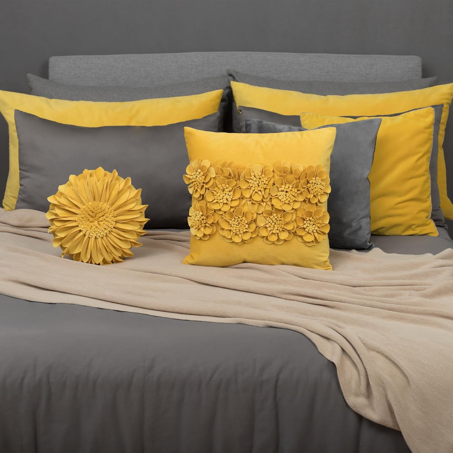 JWH 3D Handmade Square Soft and Smooth Decorative Velvet Flower Pillow Covers 18x18inch Yellow for Room Sofa Bedding Decor