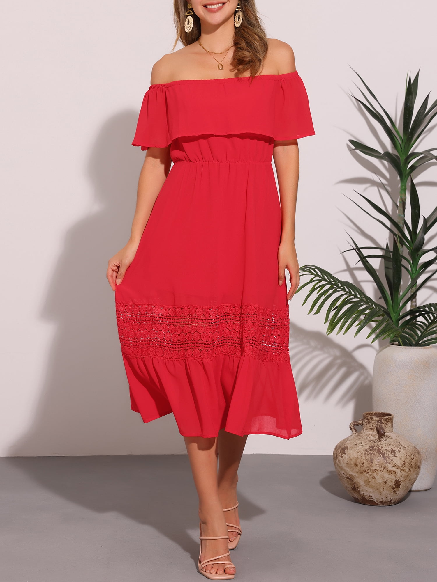 DARING DIVA Women's Off Shoulder Flutter Sleeve Maxi Dress XL Red